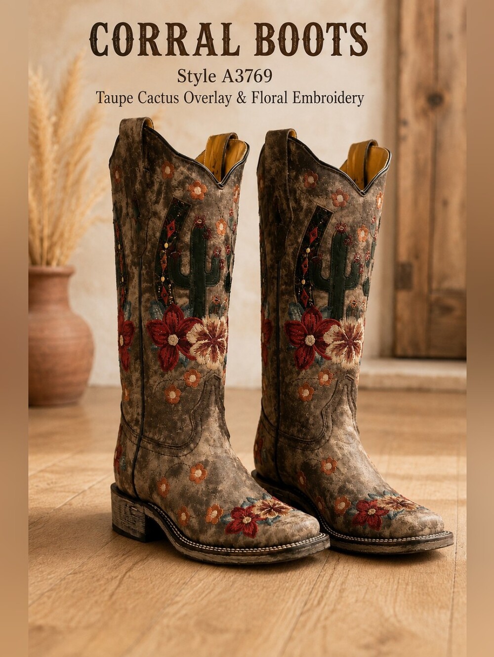 Corral Taupe Embroidered Cactus & Floral Heeled Boots